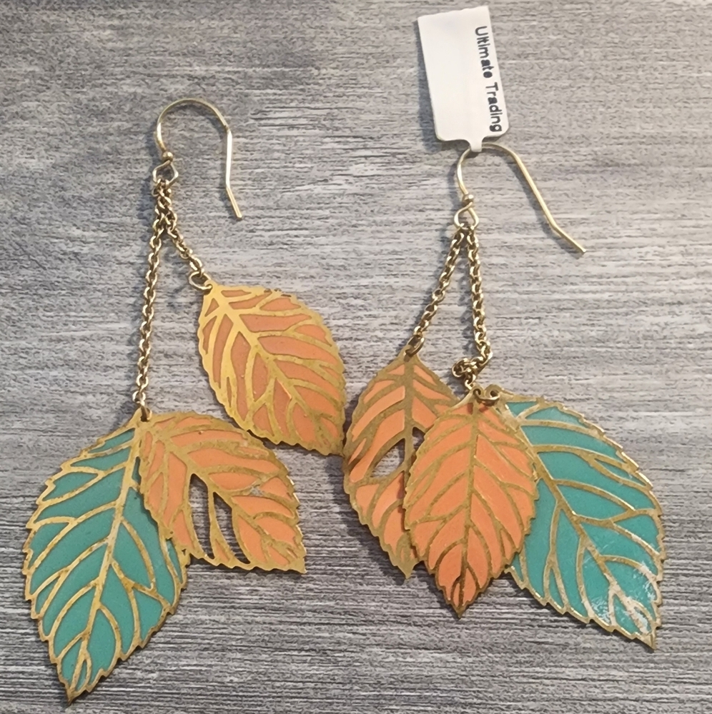 Gold Tone and Teal Leaf Dangle Earrings